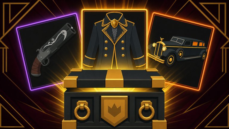 Idle Mafia Game loot crate with weapon, armor coat, and vehicle